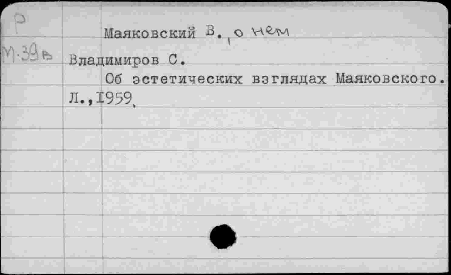 ﻿	Маяков с, кий	В. о VA^VA
	Владимиров С.	
	Об эстетических взглядах Маяковского.	
	Л., 1959,	
		
		
		
		
		
		
		
		